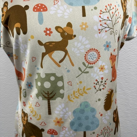 Colorful Whimsical Woodland Animals Pattern Cap Sleeve Dress Comfy Spring - Picture 4 of 11